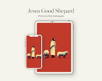 Puede incluir: Una ilustración digital de Jesús como pastor, de pie con un bastón y guiando a tres ovejas. El fondo es de color rojo sólido. El texto "Jesus Good Shepard" está en la parte superior de la imagen, y el texto "iPhone & iPad Wallpapers" está debajo.