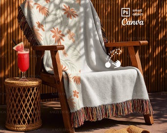 Woven Blanket Mockup - Realistic Outdoor Scene - Lifestyles Boho Throw Mockups | Canva & PSD Photoshop