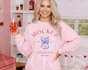 Sweatshirt Mockup Gildan 18000 Light Pink - Trendy Valentines Lifestyle Sweater Mockups for Retro Designs