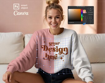 Mockup de moletom Gildan 18000: modelo POD, objeto inteligente, Canva