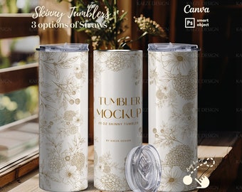 Three 20 oz Skinny Tumblers Mockup, Boho PSD and Canva Template for POD Sellers