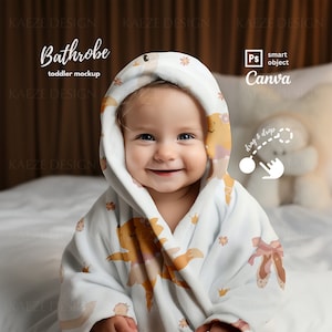 May include: A white hooded bathrobe with a ballerina print featuring a little girl wearing the robe. The robe has a light blue background with a yellow, pink, and white ballerina design. The text "Bathrobe" and "toddler mockup" is visible at the top of the image.