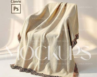 Woven Blanket Mockup for Jacquard Throw with Fringes for Print-on-Demand, Elegant Minimalist with Detailed Farbic Texture |  PSD & Canva