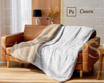 Sherpa Blanket Mockup - Modern Minimalist Living room scene | Elegant Fleece Plush Throw Mockups | Canva & PSD