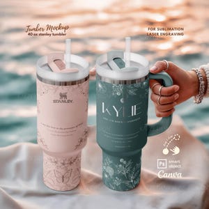 May include: Two 40 ounce stainless steel tumblers with lids and straws. One tumbler is pink with a butterfly design and the text "I trust the heir to the promises of God". The other tumbler is green with a floral design and the text "KYLIE YOU ARE GOD'S MASTERPIECE".