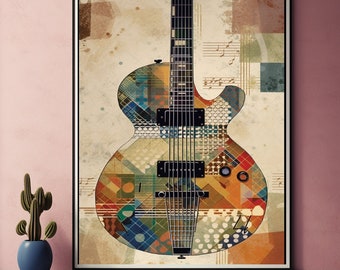 Puede incluir: Un diseño geométrico abstracto colorido de una guitarra con fondo negro. La guitarra está compuesta por diversas formas y colores, incluyendo rojo, amarillo, azul, verde y marrón.