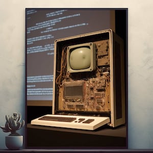 May include: A vintage computer with a beige case and a monitor with a green screen. The computer is open, revealing the internal circuitry and components. The keyboard is white and has a row of function keys.