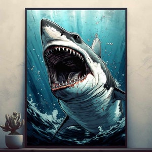 Great White Shark   Posters Prints Wall Art Modern Home Room Bar Decor Painting  Unframed
