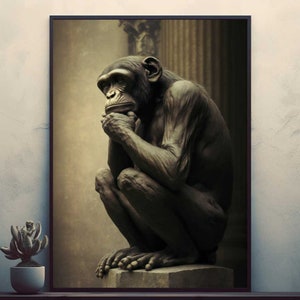 May include: A black and white photograph of a chimpanzee sitting with its chin resting on its hands, looking thoughtful. The chimpanzee is sitting on a stone pedestal in front of a textured wall.