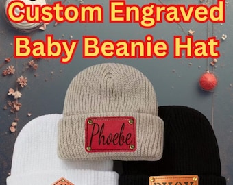 Custom Engraved Leather Patch Baby Beanie | Personalized Newborn Gift | Baby Name Hat