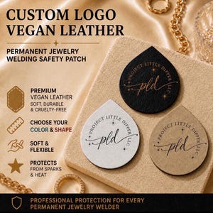 May include: Three teardrop-shaped vegan leather permanent jewelry welding safety patches in black, white, and tan. Each patch features the text 'PROJECT LITTLE DIPPER LLC' and 'pld' in a script font with small star accents printed on the surface.