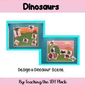 May include: Two bulletin boards with a blue background and a pink border. The boards are filled with colorful dinosaur images and the text "Design a Dinosaur Scene" and "By Teaching the TOT Flock".