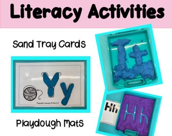 May include: Literacy activities for children featuring sand tray cards and playdough mats. The image shows a blue letter "Y" in a sand tray and a purple letter "H" in a playdough mat. The text "Sand Tray Cards" and "Playdough Mats" is visible in the image.