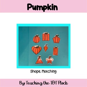 May include: A blue background with various shapes and a pumpkin image. The shapes include a heart, a square, a diamond, a star, a rectangle, and a triangle. The text "Shape Matching" is below the shapes and the text "By Teaching the TOT Flock" is below that.