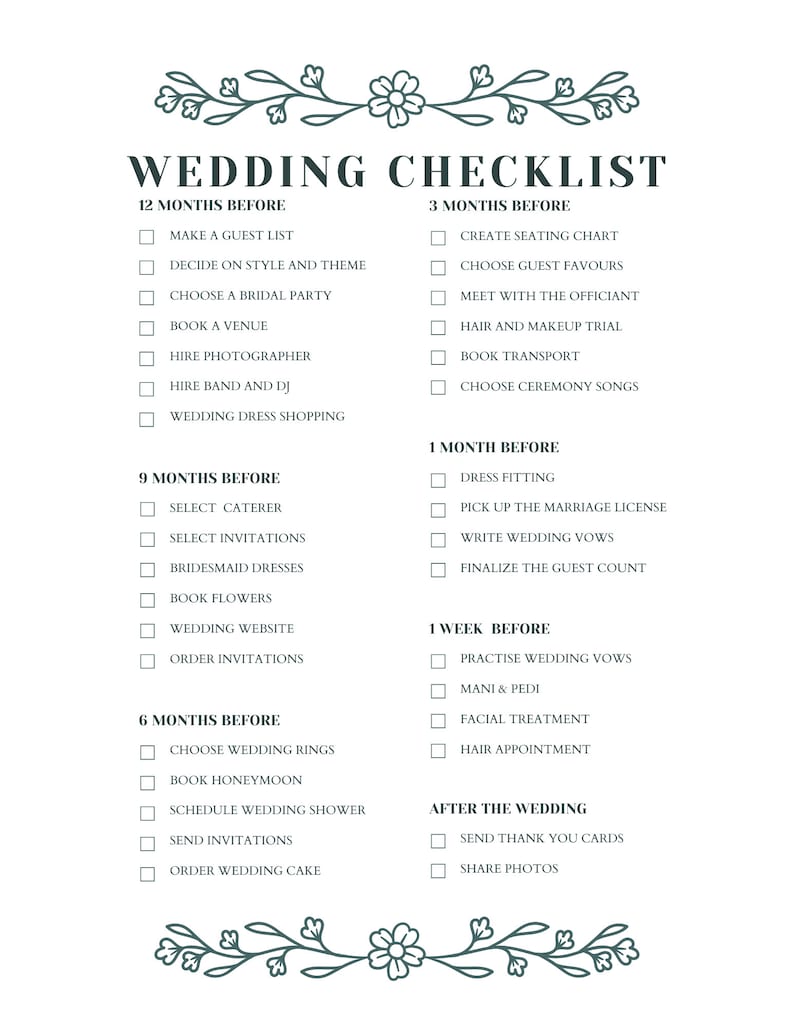 Wedding Checklist Printable Wedding Planning Checklist Single Sheet Wedding Checklist Printable Wedding Planning Checklist Single Sheet