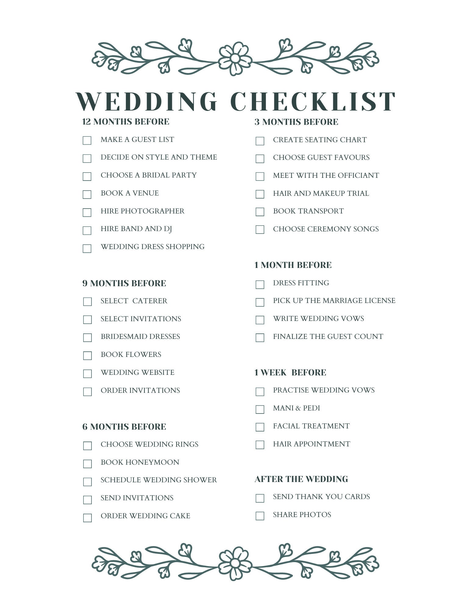 Wedding Checklist Printable Wedding Planning Checklist Single Sheet