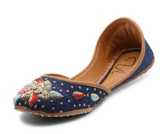 Blue Women's Traditional Handmade Khussa Jutti Bridal Mojari Punjabi Jutti Ethnic Flats