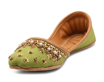 Green Women's Traditional Handmade Khussa Jutti Bridal Mojari Punjabi Jutti Ethnic Flats