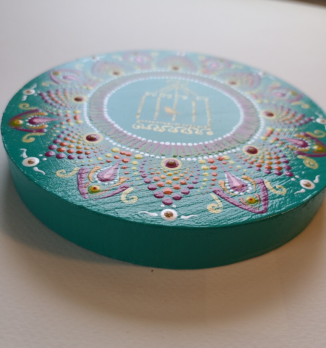 Bird in Cage Wooden Trivet With Hand Painted Dot Mandala and Flowers ...