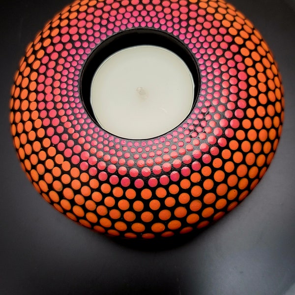 Painted tea light candle holder, dot mandala style home decore, practical art, "Little Sister"