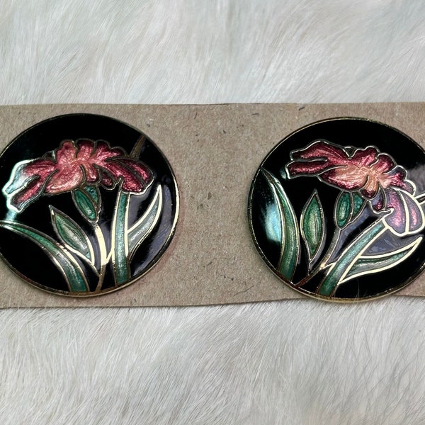 Black Enamel Lilly Cloisonne Earrings Flower 1980s