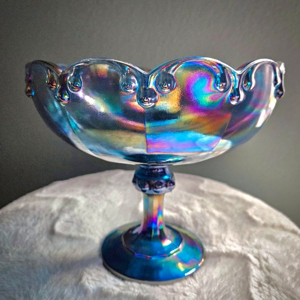 Carnival Glass Pedestal Bowl Indiana Glass Peacock Blue Garland Iridescent