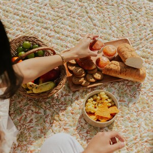 May include: A picnic scene with a floral patterned blanket. A basket of fruit, a wooden tray with muffins, cookies, and bread, and a bowl of snacks are arranged on the blanket. A hand reaches for a muffin.