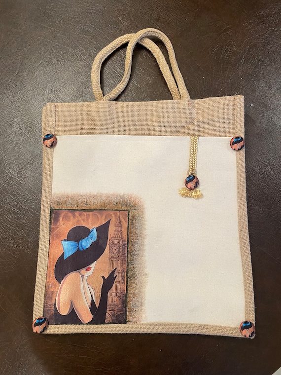 Jute Tote Bag With Zipper, Hand Painted Reusable