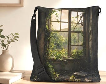 Post Apocalyptic Window Tote Bag Nature Tote Green Tote Botanical Art Canvas Handbag Adjustable Shoulder Purse Tote Everyday Carry Market