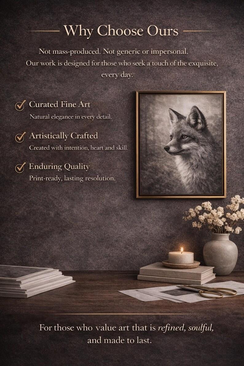 May include: A framed black and white portrait of a fox hangs on a dark gray wall. The image includes text that reads "Why Choose Ours" and "Curated Fine Art". A candle, vase of flowers, and books are on a wooden surface.