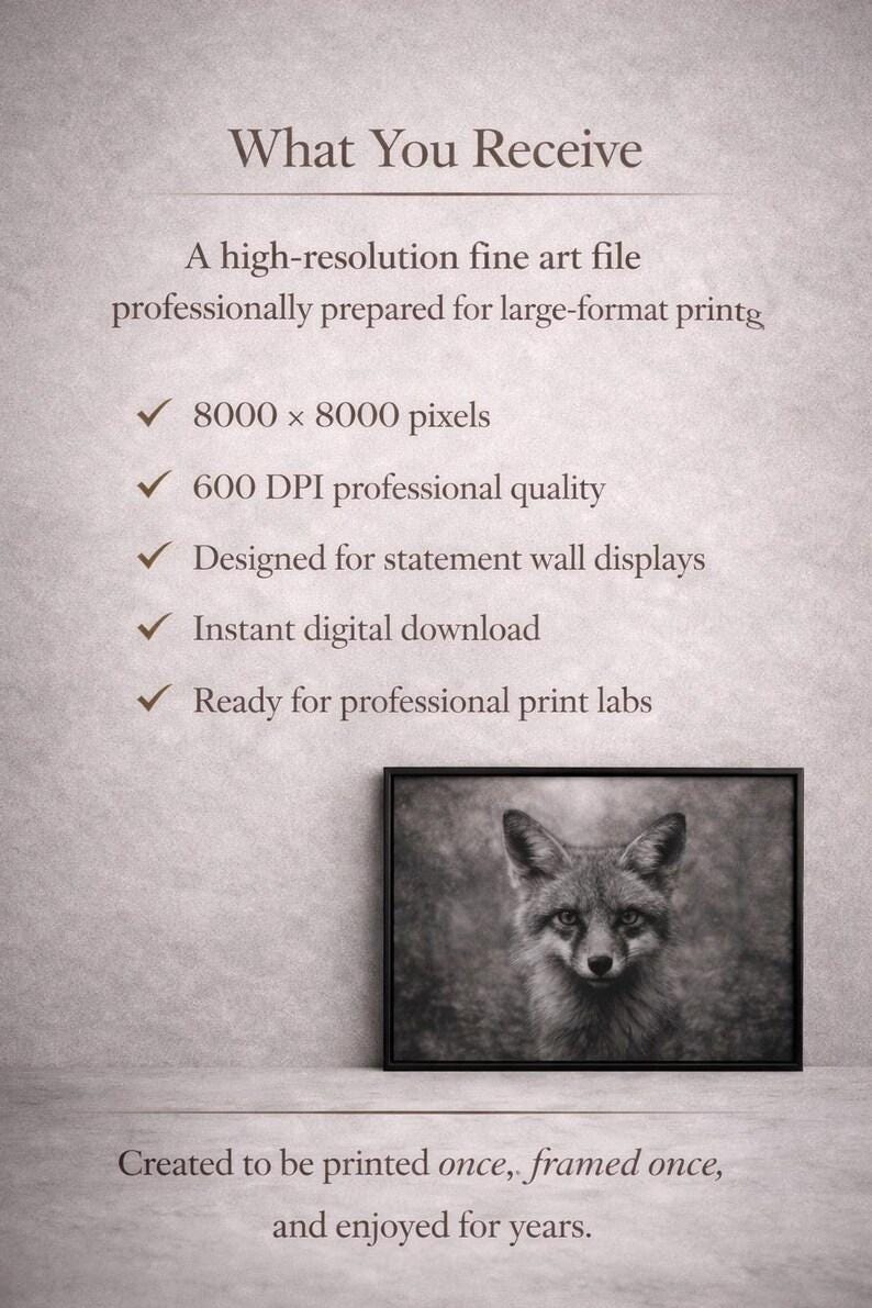 May include: Black and white framed print of a fox. The image is a high-resolution fine art file, designed for statement wall displays. The text states the image is an instant digital download, ready for professional print labs.