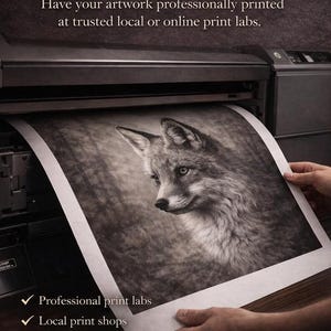 May include: A black and white print of a fox emerging from a printer. The image is being held by a person. Text at the top reads "Printing Made Simple". The image also lists professional print labs, local print shops, office services, and online fine art printers.