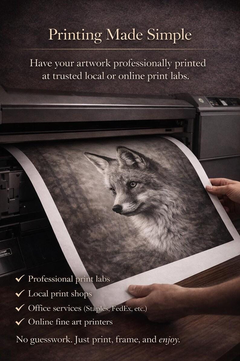 May include: A black and white print of a fox emerging from a printer. The image is being held by a person. Text at the top reads "Printing Made Simple". The image also lists professional print labs, local print shops, office services, and online fine art printers.