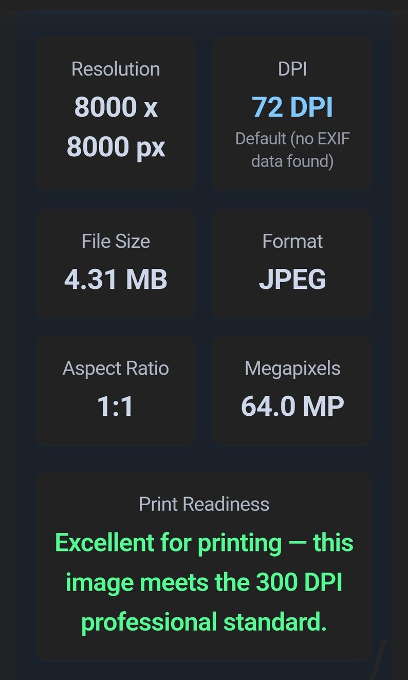 May include: A dark background displays image specifications. The resolution is 8000 x 8000 px, with 72 DPI. The file size is 4.31 MB, in JPEG format, and has a 1:1 aspect ratio. The image is 64.0 MP and excellent for printing.