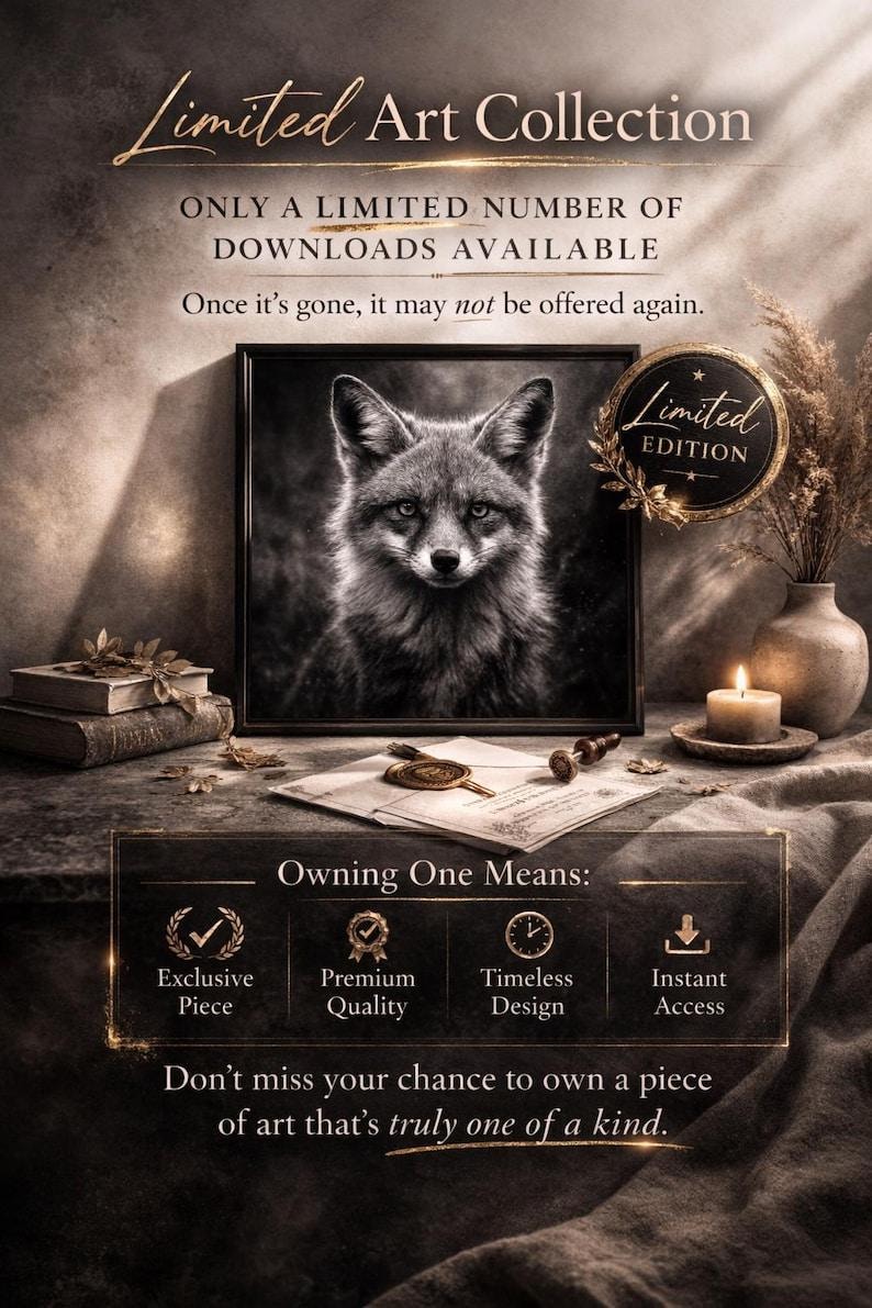 May include: A framed black and white portrait of a fox is the focal point of this image, part of a "Limited Art Collection." The image includes text that reads "Exclusive Piece," "Premium Quality," "Timeless Design," and "Instant Access."