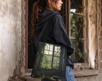 Adjustable Tote Bag Post Apocalyptic Window  Nature Tote Bag Green Tote Botanical Art Canvas Handbag Shoulder Purse Everyday Carry Market