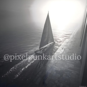 May include: A grayscale image of a sailboat sailing on the water. The boat is moving towards the light, with a large sail. The image has a dreamy, atmospheric quality, with a bright light in the background. The text "@pixelpunkartstudio" is visible.