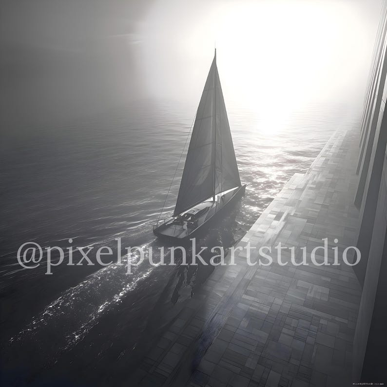 May include: A grayscale image of a sailboat sailing on the water. The boat is moving towards the light, with a large sail. The image has a dreamy, atmospheric quality, with a bright light in the background. The text "@pixelpunkartstudio" is visible.