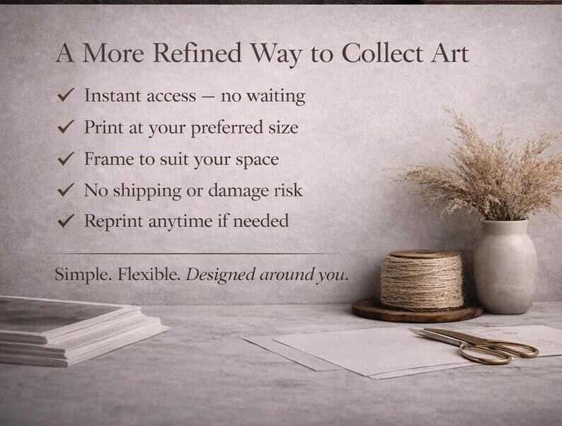 May include: A still-life image with text that reads "A More Refined Way to Collect Art." The image includes a stack of papers, a vase with dried plants, a spool of twine, and scissors. The text highlights instant access, print size options, and no shipping risk.