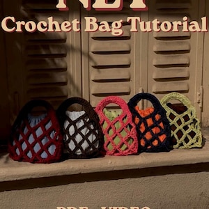 May include: Five small crochet net bags in red, dark brown, pink, navy blue, and light green, each containing a solid-colored fabric pouch. The image features the text NET Crochet Bag Tutorial, PDF + VIDEO, and By @melycorn in a light font.