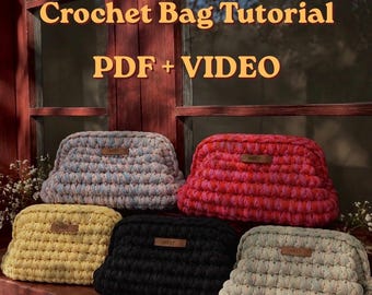 May include: Five crochet bags in yellow, black, pink, and two multi-colored pastel shades, each featuring a small brown rectangular label. Text overlay reads: MAKEUP Crochet Bag Tutorial PDF + VIDEO. By @melycorn.