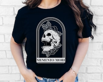 Memento Mori Symbol Shirt, Stylish Philosophical Tees, Reflective Fashion Statements, Skull Roses, Remember to Die Stoicism Arch Design
