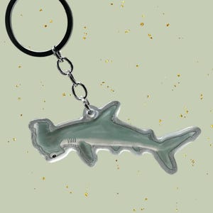 May include: A hammerhead shark keychain with a silver-colored chain and a black ring. The shark is light green with a silver outline. The background is a light green color with gold flecks.