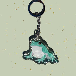 May include: A clear acrylic keychain featuring a teal and white frog illustration. The frog is attached to a silver chain and keyring. The background is a light green color with gold flecks.