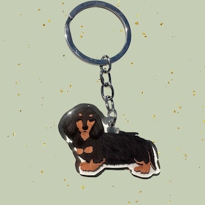 Black & Tan Longhaired Dachshund Keychain | Dog Breed Acrylic Keychains | Pet Memorial Loss Gift Weens Wiener Dog Bag Charm Cute Doxie Puppy