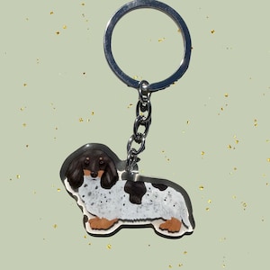 May include: A keychain featuring a dachshund dog illustration. The dog has a black and brown head, black spots on its back, and a white body. The keychain has a silver metal ring and chain.