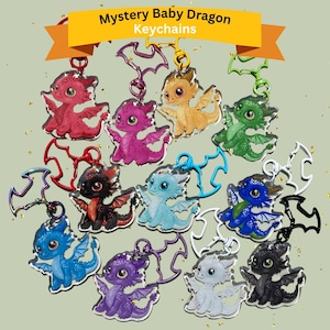 May include: A collection of colorful baby dragon keychains in various colors, including red, pink, gold, green, black, blue, purple, and white. Each keychain features a dragon design with wings and a metal clasp. The text "Mystery Baby Dragon Keychains" is displayed at the top.