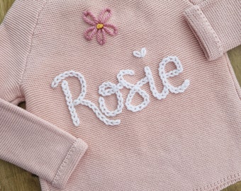 Personalised hand embroidered knitted children, baby name cardigan. Pink - Single colour