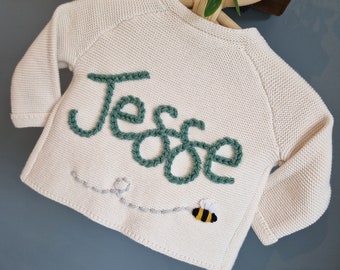 Personalised hand embroidered knitted children, baby name cardigan. Cream - Single colour