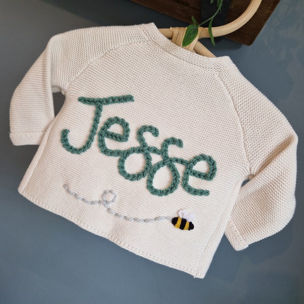 Personalised hand embroidered knitted children, baby name cardigan. Cream - Single colour